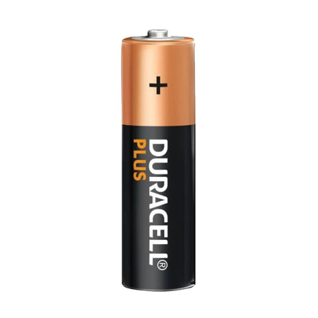 A single Duracell Plus AA battery with a copper top and black body, showing the positive terminal on top and the brand name vertically on the side.