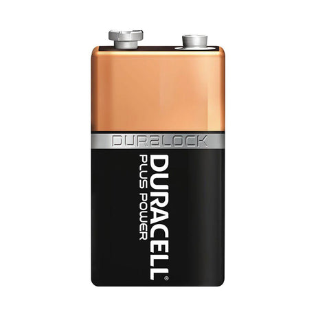 A rectangular 9V Duracell Plus Power battery with a copper-colored top and black bottom, featuring the Duracell logo and Duralock label on front.