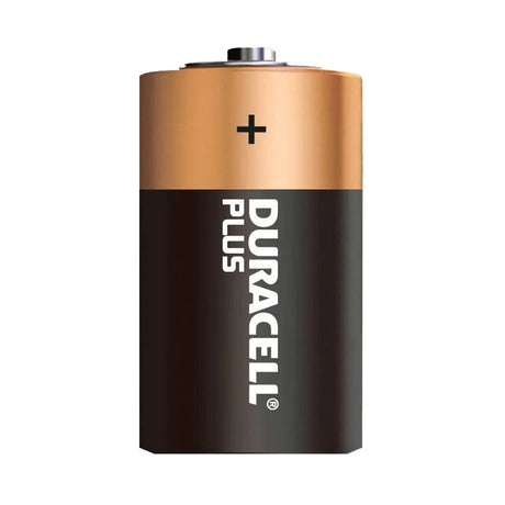 A Duracell Plus battery with a copper top and black body, displaying a plus sign on top.