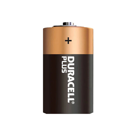 A Duracell Plus D-sized battery with a black and copper design. The positive terminal is visible at the top.