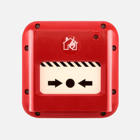 A red fire alarm with a white panel displaying a black dot and two arrows pointing towards it. Above is a house icon with flames.