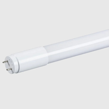 A white fluorescent tube light with metal pins at one end, against a plain gray background.