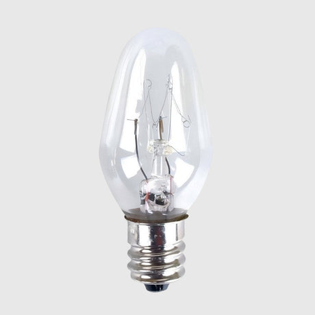 A single clear light bulb with a small screw base, showcasing visible filaments inside. It has a simple, cylindrical shape set against a plain background.