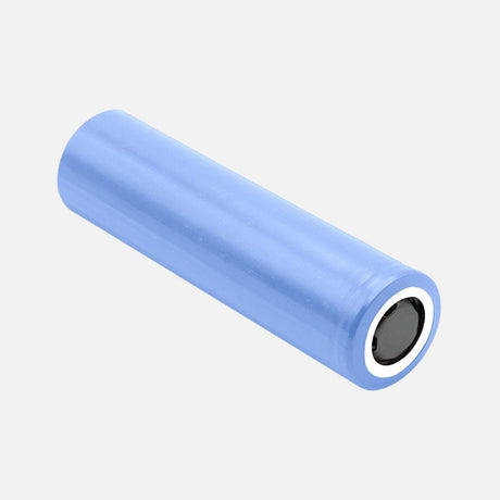 Light blue cylindrical lithium battery cell on a white background.