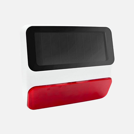 Black wall-mounted siren with red strobe light cover.