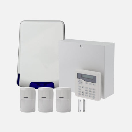 Complete home alarm kit including control panel, sensors, and backup battery.
