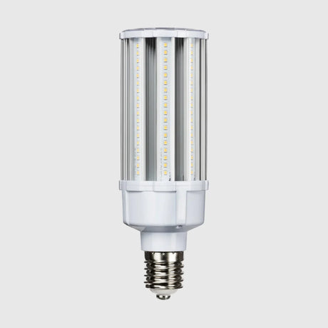 A vertical LED corn light bulb with a white base and multiple small LED chips arranged in vertical rows, designed for high-efficiency lighting.