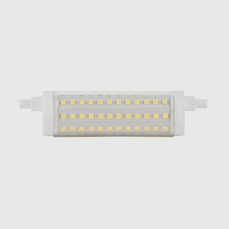 A cylindrical LED light bulb with two rows of yellow lights, placed on a plain white background. The bulb has white connectors on both ends.
