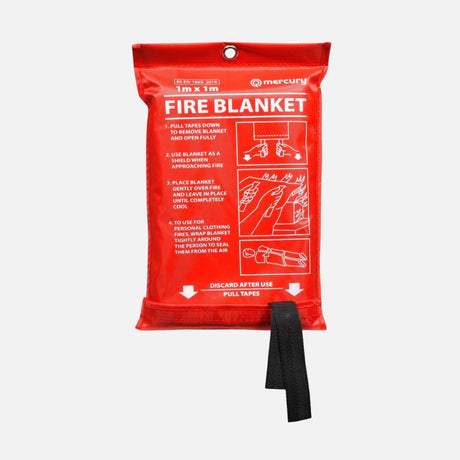 Red fire blanket pouch with pull straps and printed usage instructions.