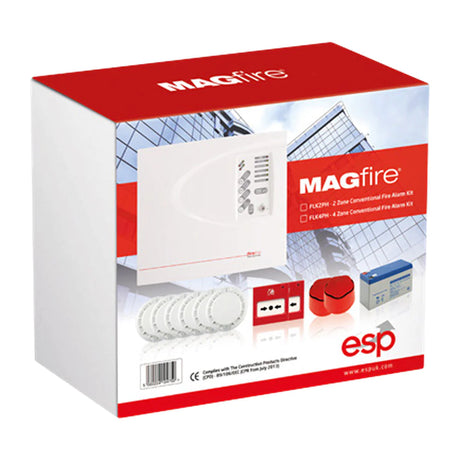 Box of MAGfire fire alarm kit from ESP, featuring an image of the alarm panel, detectors, and accessories on the packaging. The box is primarily red and white with company branding and product details.