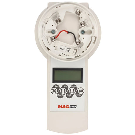 Box of MAGfire fire alarm kit, showing components like detectors, alarm panel, and other accessories, with red and white design. Branding includes ESP logo and website URL.