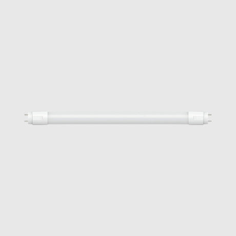 A white fluorescent tube light with metal pins at one end, against a plain gray background.