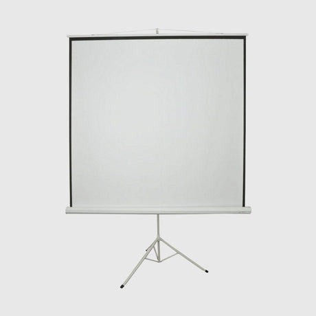 Large white tripod projector screen with a black border, fully extended on a three-leg stand.
