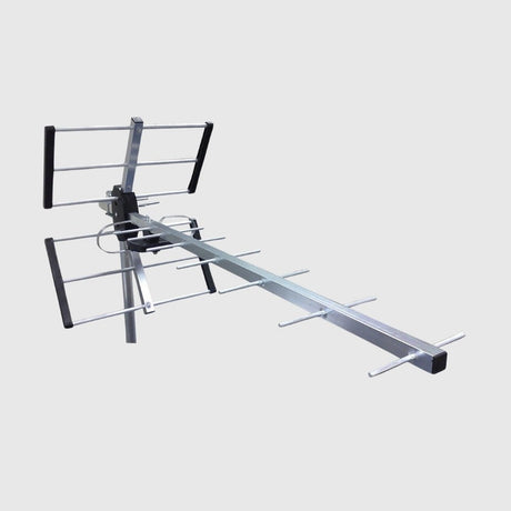 Outdoor metal TV aerial with multiple horizontal and vertical antenna elements mounted on a central support bar.
