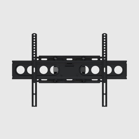 Black metal wall-mount TV bracket with adjustable vertical rails and multiple mounting holes.
