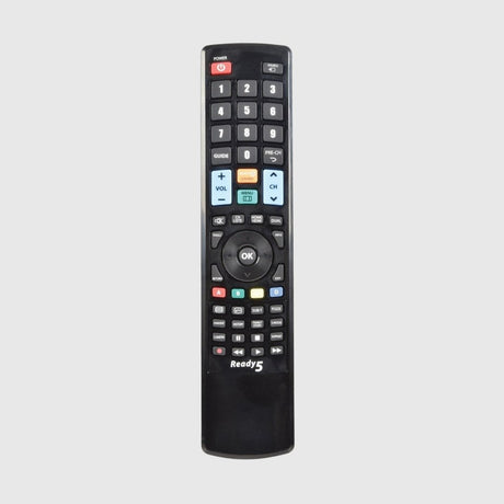 Black universal TV remote control featuring a full set of buttons including numbers, volume, channel, and navigation controls.