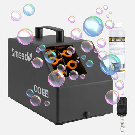Black bubble machine with colorful bubbles floating around it, accompanied by a remote control and a bottle of bubble fluid.