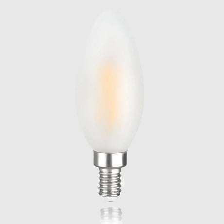 A frosted, teardrop-shaped LED light bulb with a screw base against a plain gray background.