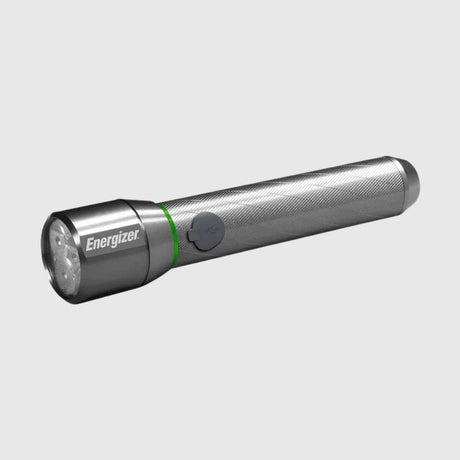 A silver Energizer flashlight with a textured grip, featuring a push button near the base of the head.