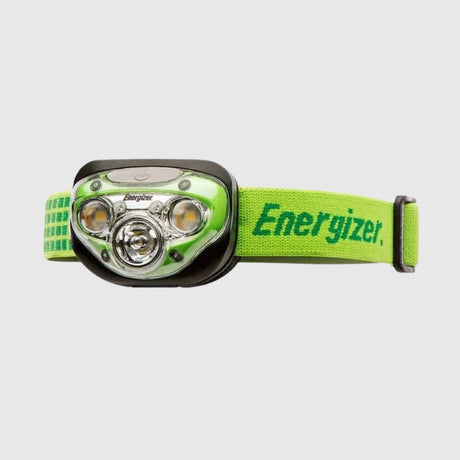 A green Energizer headlamp with an adjustable strap and three LED lights.