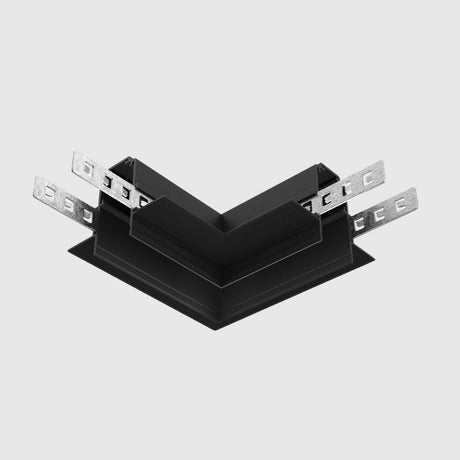 Black L-shaped track lighting connector piece.
