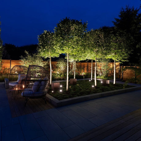 Garden with trees and shrubs lit by sleek ground spotlights at night.