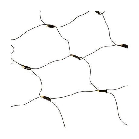 Black net lights with small bulbs connected at the intersections, arranged in a grid pattern against a white background.