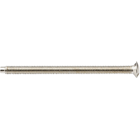A long, silver metal screw with a flat, countersunk head and threaded body, positioned horizontally on a plain white background.