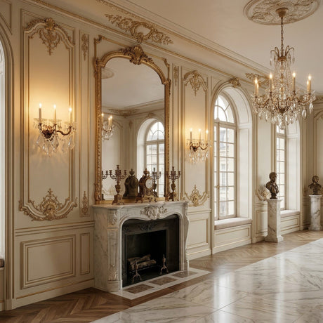 Elegant room with ornate cream and gold moldings, chandeliers, large mirrors, marble fireplace, Vienna 3 Light K9 Crystal Wall Light sconces, candelabras, and classical busts by tall arched windows create a luxurious historic ambiance.
