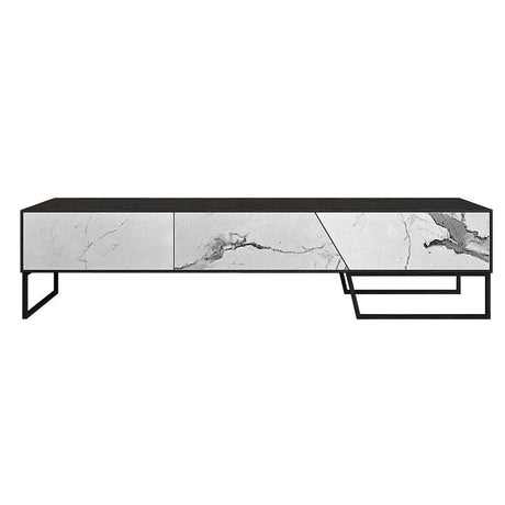 Modern TV stand with a sleek, rectangular black frame. Features three asymmetrical white marble-patterned doors, and angular metal legs on the right for a minimalist and contemporary look.