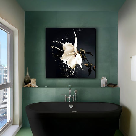 Modern bathroom featuring deep green walls, a black soaking tub, and a dramatic floral artwork above the tub, creating a bold and luxurious spa-inspired atmosphere.