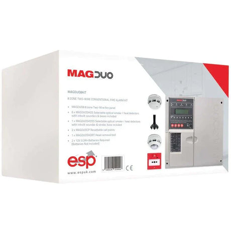 Box packaging for the MAGDuo fire alarm system. Features include two-wire panel, up to 8 zones, and various detection modes. The box displays a red and white color scheme and includes setup images.