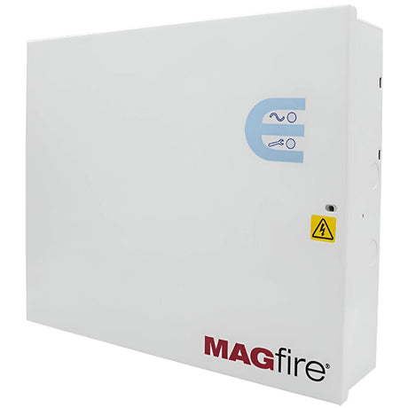 Box packaging for MAGDUO2T, a fire alarm kit by ESP. It includes image of the control panel and detectors. The design features red and grey accents with product information and logos.
