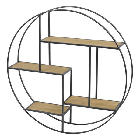 A circular wall shelf with a geometric black metal frame and five wooden shelves arranged in a staggered pattern. The design is modern and minimalist.