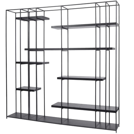 Minimalist black metal bookshelf with multiple sections of open shelving. The design features clean lines and varied shelf heights, providing a modern, airy look suitable for storage or decoration.