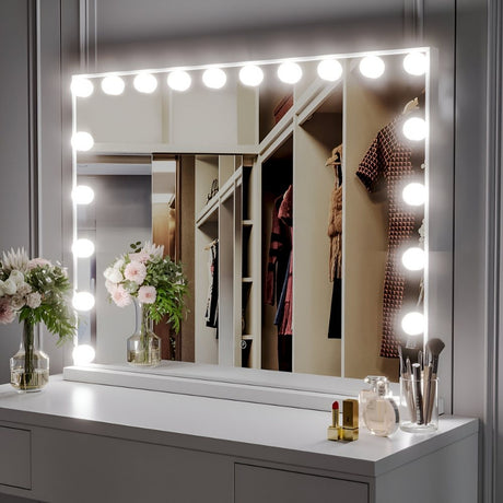 Hollywood-style vanity mirror surrounded by bright bulbs in a modern dressing area featuring organized shelves and reflective surfaces.