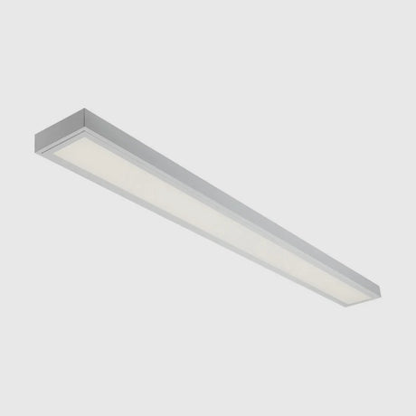 A long, rectangular LED ceiling light with a minimalist design and silver frame, set against a plain white background.