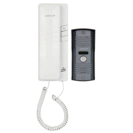 Wall-mounted white intercom phone with coiled cord, next to a black and gray doorbell panel featuring a central button.