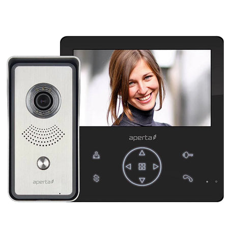 Home intercom system with a screen displayed. The screen shows a smiling woman. The device has buttons for navigation and phone functions.