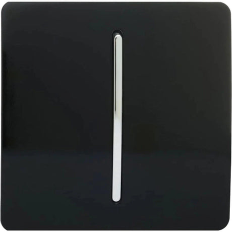 A black square light switch with a slim vertical metallic strip in the center against a white background.