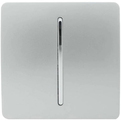 A sleek, silver light switch on a white background. It features a minimalist design with a single vertical groove in the center.