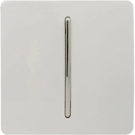 A white rectangular light switch with a slim, vertical metallic toggle in the center. The design is minimalistic and modern, suitable for contemporary interiors.