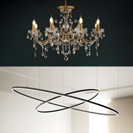 Top image: Classic gold and crystal chandelier with lit candles. Bottom image: Modern minimalist light fixture with two interlocking circular LED rings.