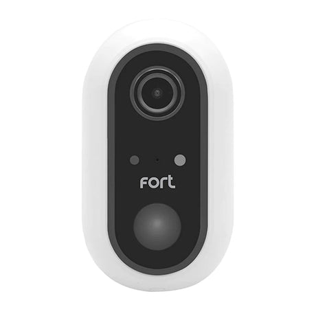 A compact security camera with a black front panel, the brand name Fort in the center, and a lens at the top. The device is oval-shaped, surrounded by a white casing.