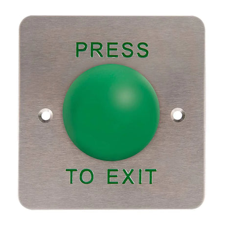 A large green button on a metallic square panel with the text PRESS TO EXIT in green above and below the button.