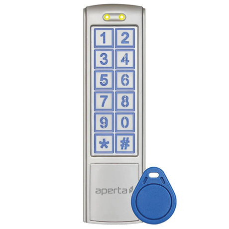 Silver keypad access control device with blue backlit numeric buttons 0-9, asterisk, and pound symbols. Includes a blue key fob for electronic access. The word aperta is visible on the device.