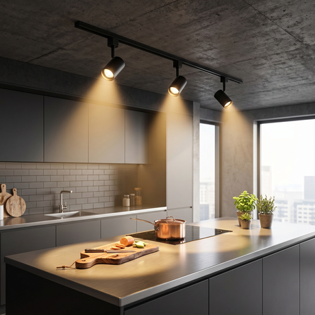 Two modern, cylindrical track lights mounted on a sleek black rail illuminate a minimalistic, dark grey wall. The right light is on, casting a bright glow, while the left light is off.