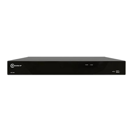 Front view of a black electronic device, likely a DVR or NVR, with a minimal design, featuring a power indicator, HDD indicator, and a USB port on the right side.
