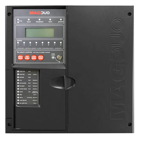 Black fire alarm control panel with the label MAGDUO. It features various buttons and indicators labeled for zones, fault, fire, and power status. The panel includes a hinged cover and a lock.