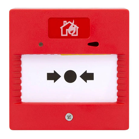 A red fire alarm with a white panel displaying a black dot and two arrows pointing towards it. Above is a house icon with flames.